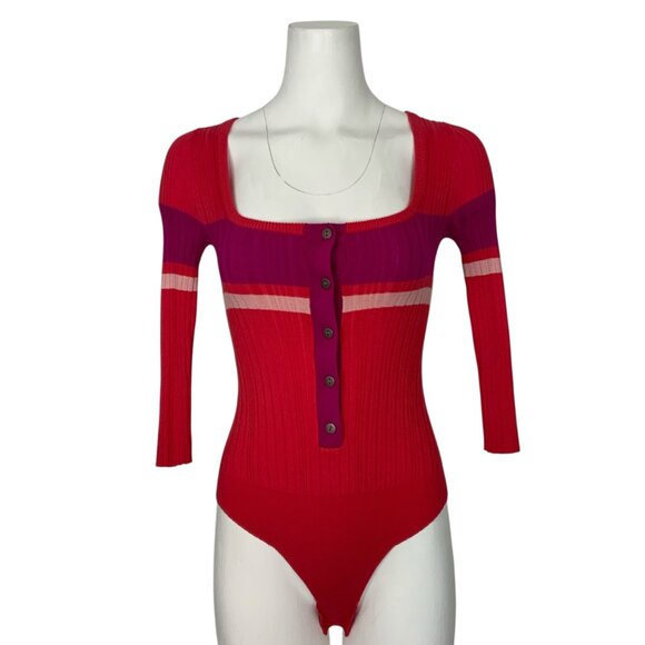 Free People Intimately Cocoa Bodysuit S Red Combo Striped Ribbed Knit Henley - Picture 1 of 14
